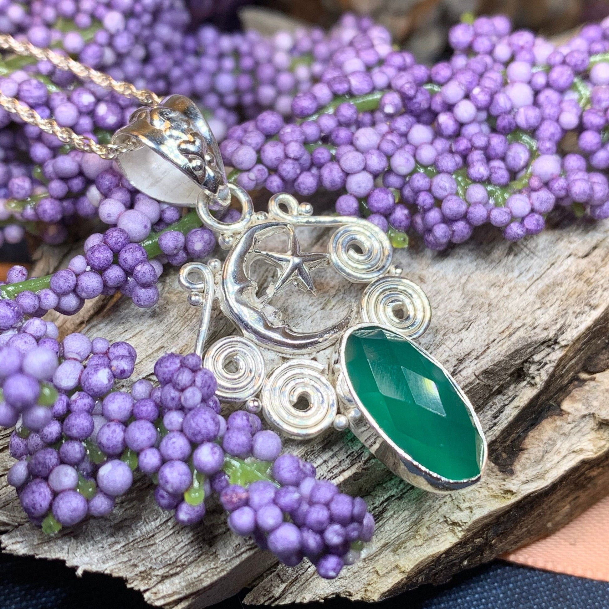 Moon Necklace, Celtic Knot Jewelry, Celtic Jewelry, Anniversary Gift, Wiccan Jewelry, Pagan Necklace, Celestial Jewelry, Chalcedony Jewelry