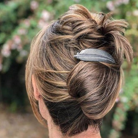 Load image into Gallery viewer, Feather Hair Clip, Celtic Barrette, Bird Jewelry, Pagan Jewelry, Friendship Gift, Wiccan Jewelry, Pewter barrette, Nature Barrette, Mom Gift
