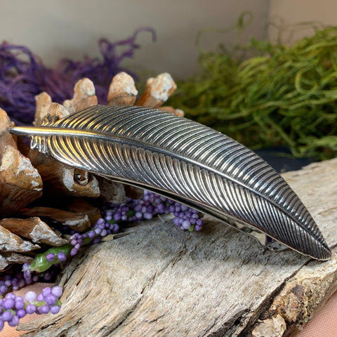 Load image into Gallery viewer, Feather Hair Clip, Celtic Barrette, Bird Jewelry, Pagan Jewelry, Friendship Gift, Wiccan Jewelry, Pewter barrette, Nature Barrette, Mom Gift
