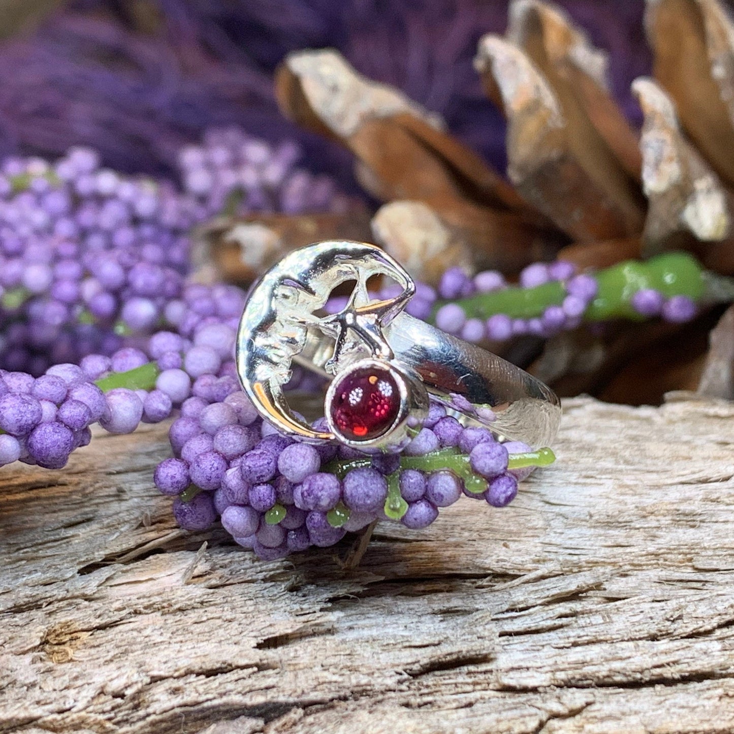 Crescent Moon Ring, Silver Moon Ring, Celestial Jewelry, Moon Ring, Amethyst Ring, Garnet Boho Ring, Anniversary Gift, Wife Gift, Mom Gift