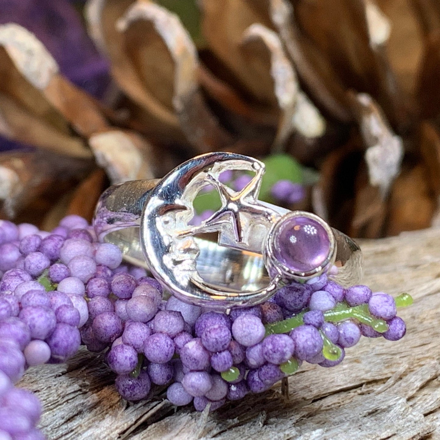 Crescent Moon Ring, Silver Moon Ring, Celestial Jewelry, Moon Ring, Amethyst Ring, Garnet Boho Ring, Anniversary Gift, Wife Gift, Mom Gift