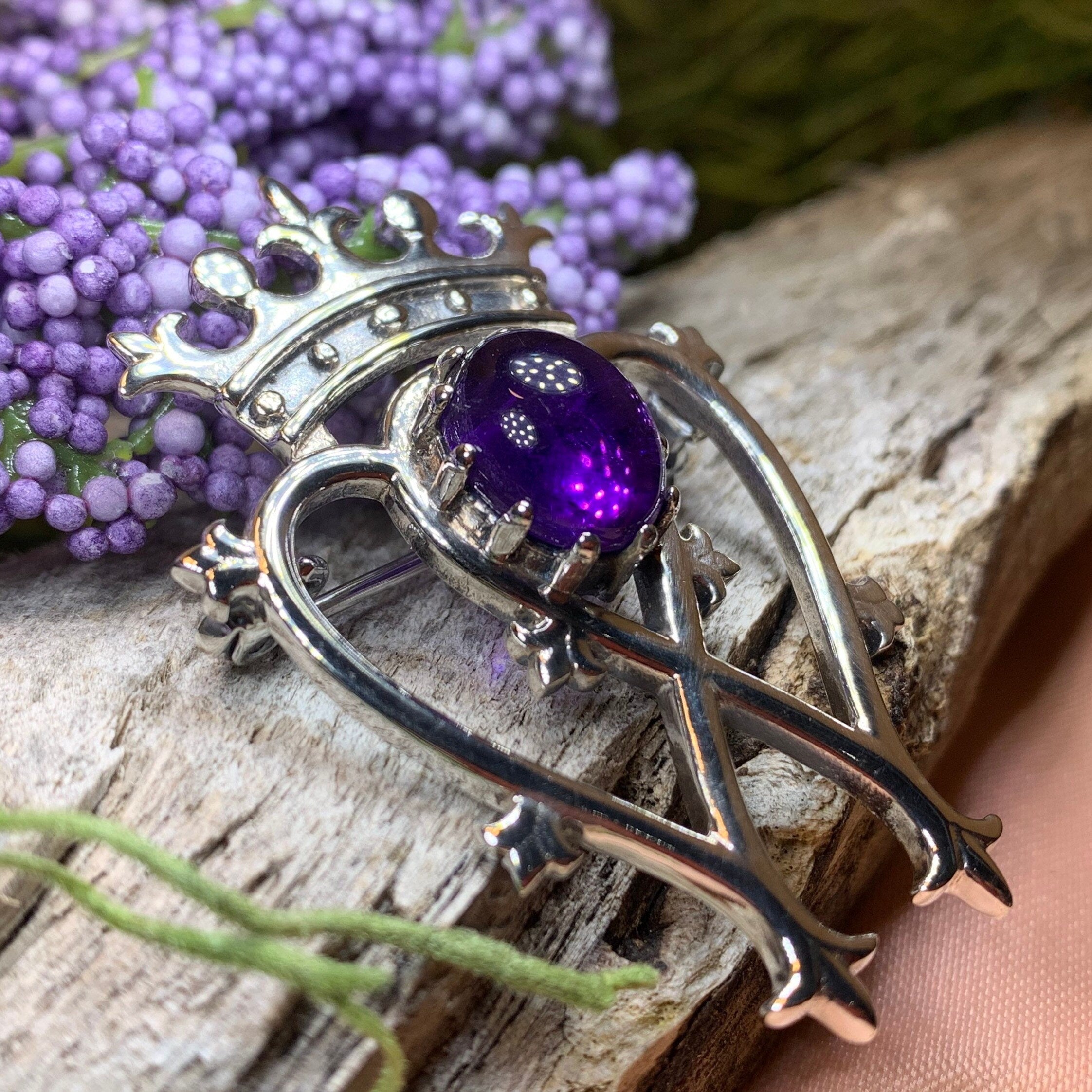 Royal Amethyst Scottish Luckenbooth Brooch in Sterling Silver