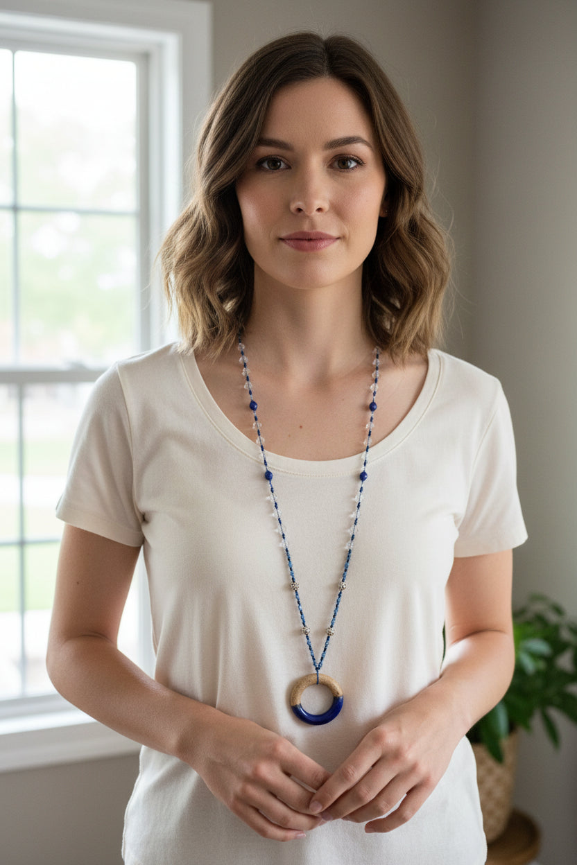 Coastal Blues Long Necklace, Hand Knotted Necklace, Handmade Mala Necklace, Boho Necklace, Yoga Jewelry, Art Deco Necklace, Mom Gift
