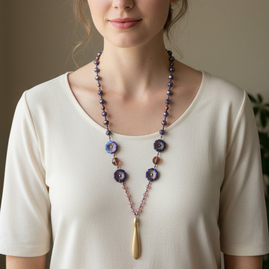 Gibson Girl Long Necklace, Hand Knotted Necklace, Handmade Mala Necklace, Boho Necklace, Yoga Jewelry, Art Deco Necklace, Mom Gift