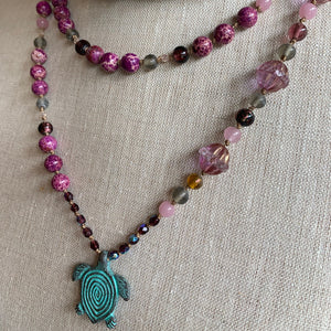 Purple Turtle Long Necklace, Hand Knotted Necklace, Handmade Mala Necklace, Boho Necklace, Yoga Jewelry, Art Deco Necklace, Mom Gift