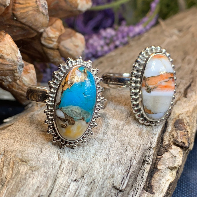 Spiny Oyster Turquoise Ring, Turquoise Jewelry, Boho Ring, Hippie Ring, Celtic Jewelry, Anniversary Gift, Wiccan Jewelry, Southwestern Ring