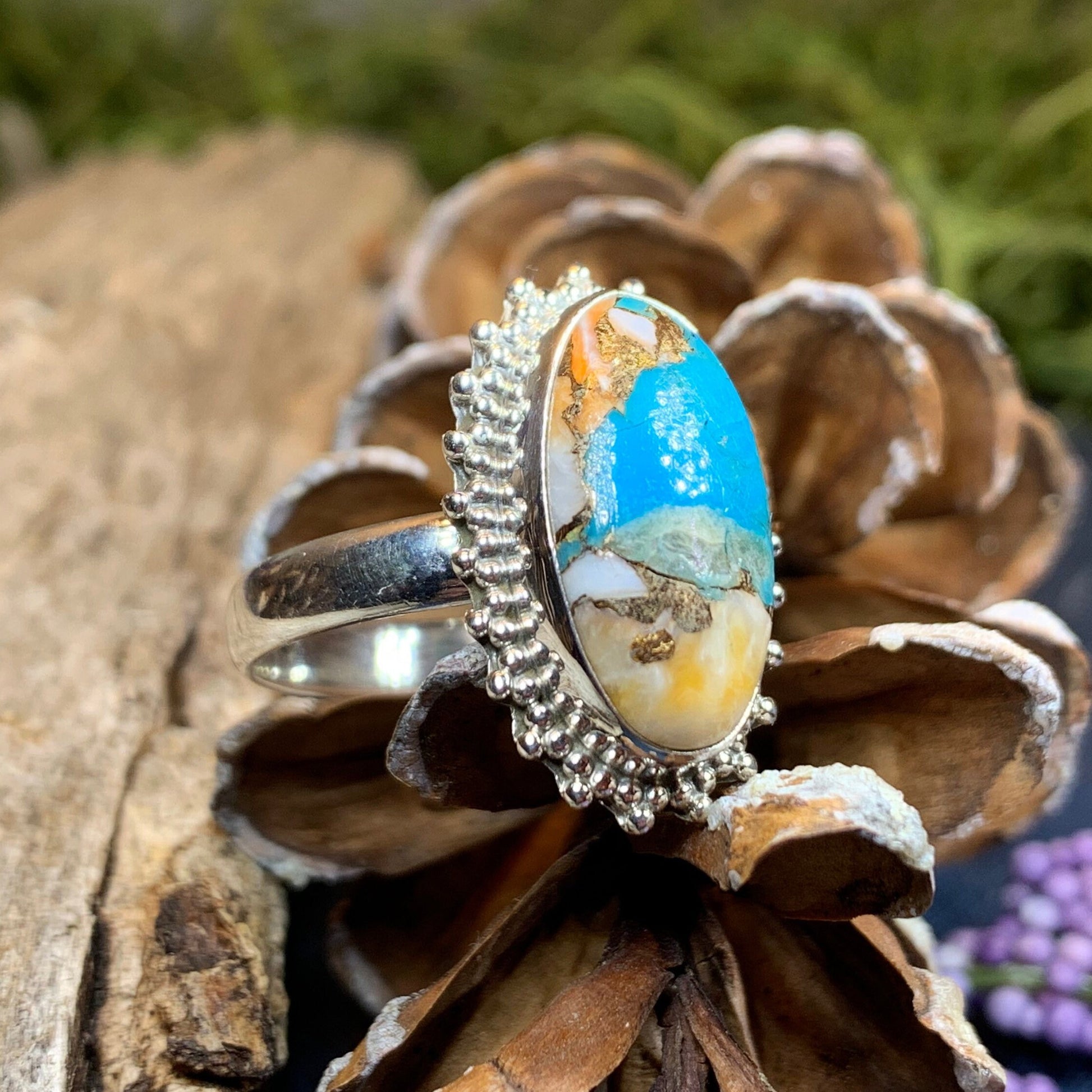 Spiny Oyster Turquoise Ring, Turquoise Jewelry, Boho Ring, Hippie Ring, Celtic Jewelry, Anniversary Gift, Wiccan Jewelry, Southwestern Ring