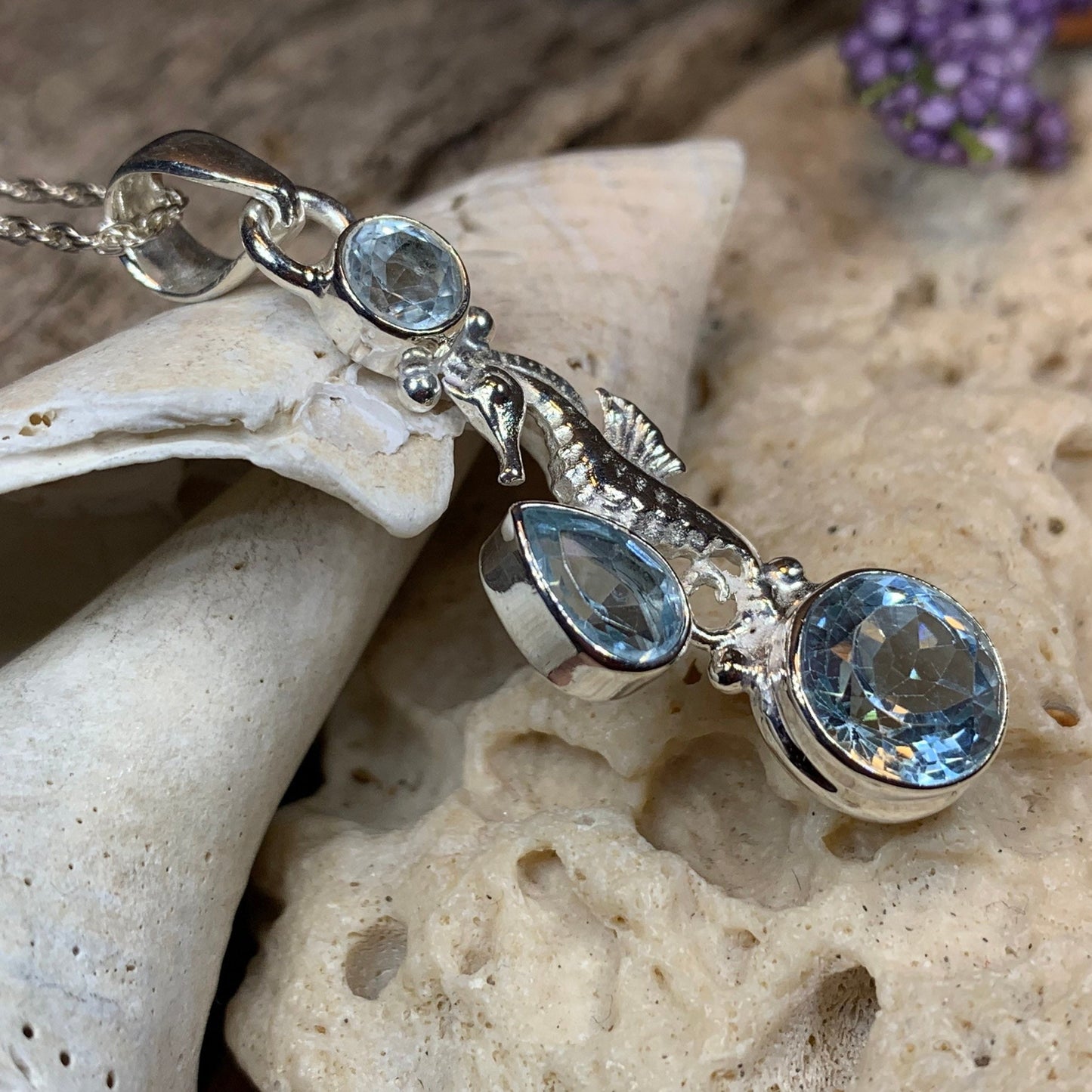 Seahorse Necklace, Sea Life Pendant, Nautical Jewelry, Blue Topaz Pendant, Mom Gift, Anniversary Gift, Beach Lover Gift, Ocean Jewelry