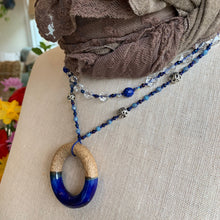 Load image into Gallery viewer, Coastal Blues Long Necklace, Hand Knotted Necklace, Handmade Mala Necklace, Boho Necklace, Yoga Jewelry, Art Deco Necklace, Mom Gift
