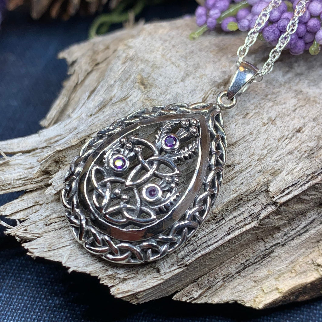 Thistle Necklace, Celtic Jewelry, Scotland Jewelry, Amethyst Necklace, Outlander Jewelry, Nature Necklace, Trinity Knot Pendant, Wife Gift