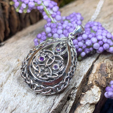 Load image into Gallery viewer, Thistle Necklace, Celtic Jewelry, Scotland Jewelry, Amethyst Necklace, Outlander Jewelry, Nature Necklace, Trinity Knot Pendant, Wife Gift
