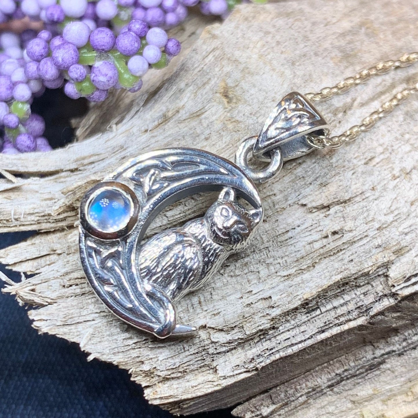 Celtic Cat in the Moon Necklace in silver