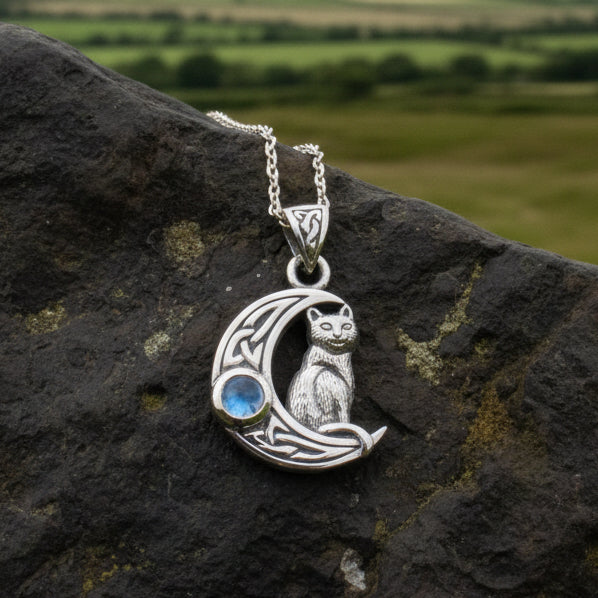 Celtic Cat in the Moon Necklace in silver