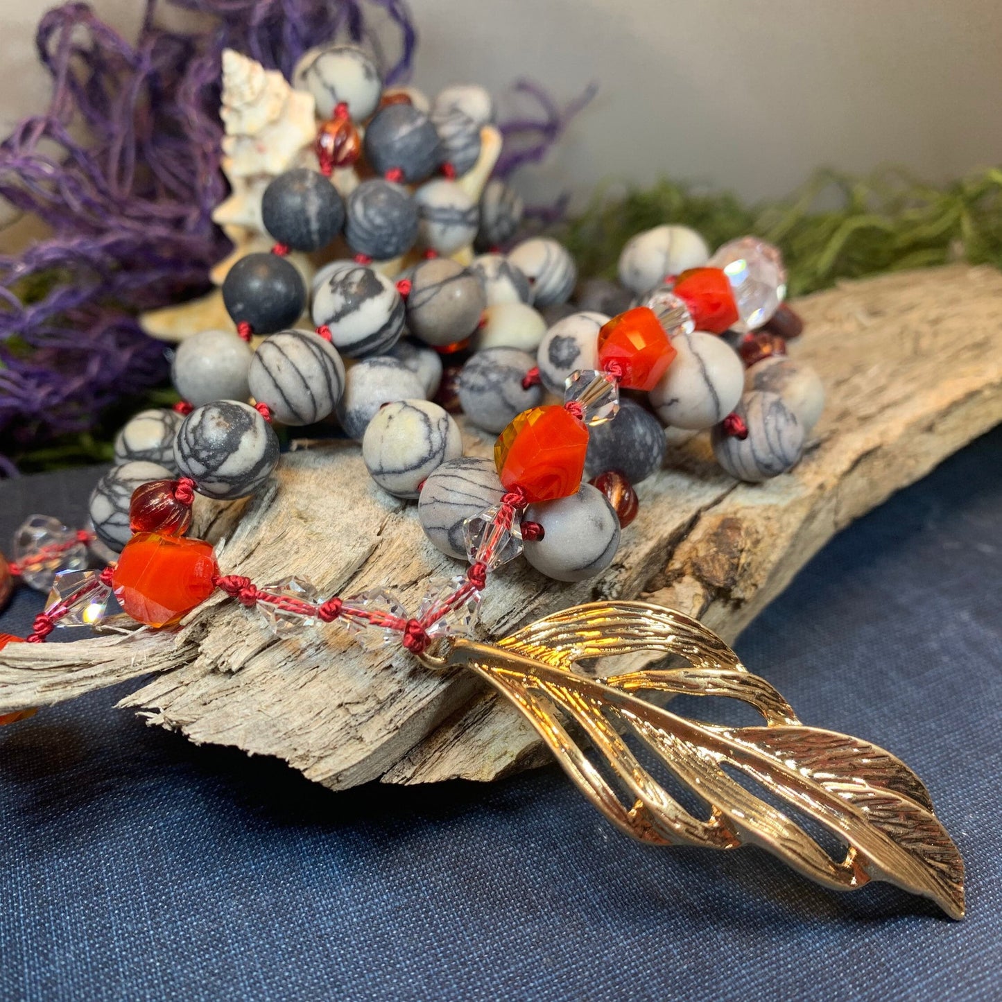 Golden Feather Long Necklace, Hand Knotted Necklace, Handmade Mala Necklace, Boho Necklace, Yoga Jewelry, Art Deco Necklace, Mom Gift