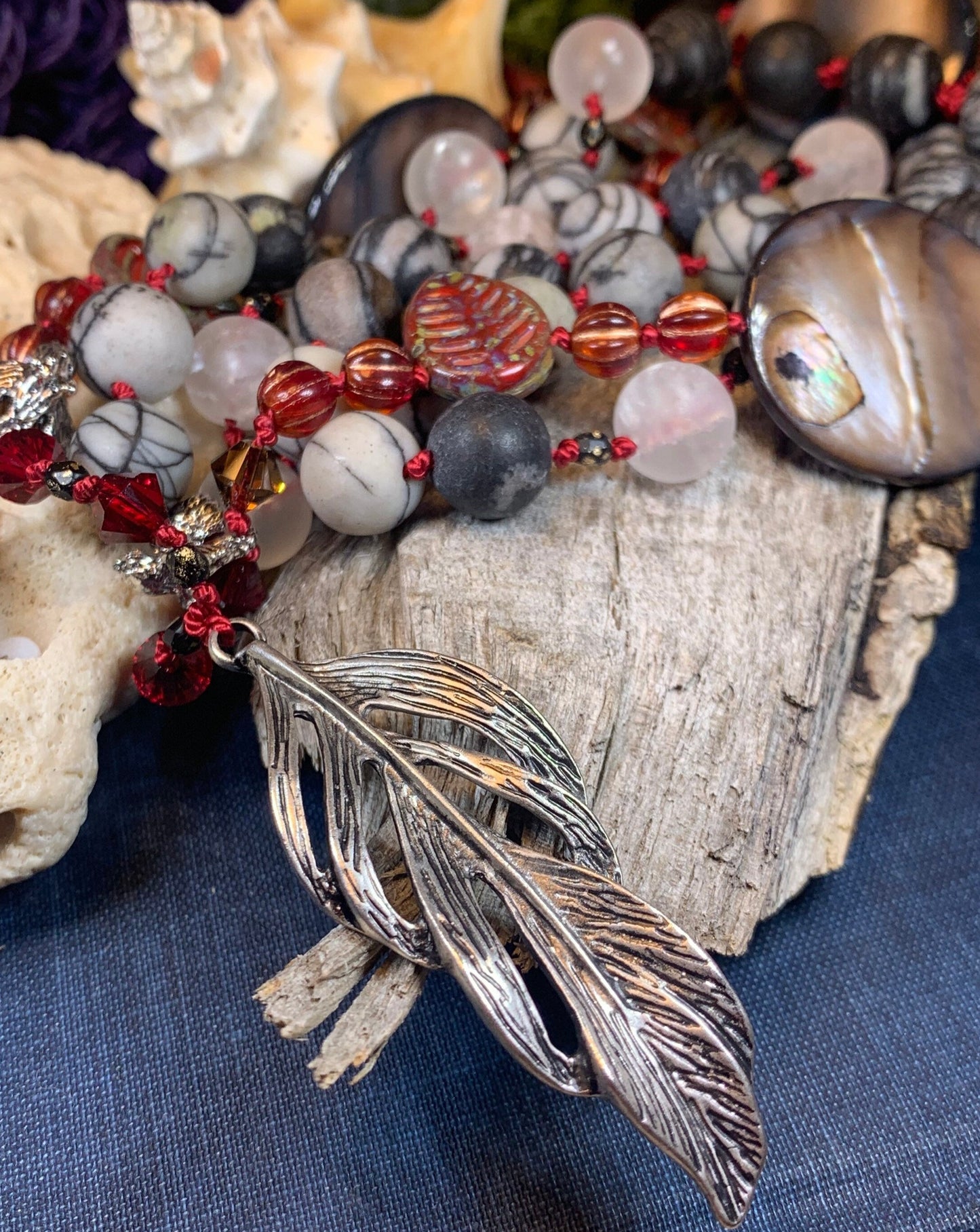 Red Skies Feather Long Necklace, Hand Knotted Necklace, Handmade Mala Necklace, Boho Necklace, Yoga Jewelry, Art Deco Necklace, Mom Gift