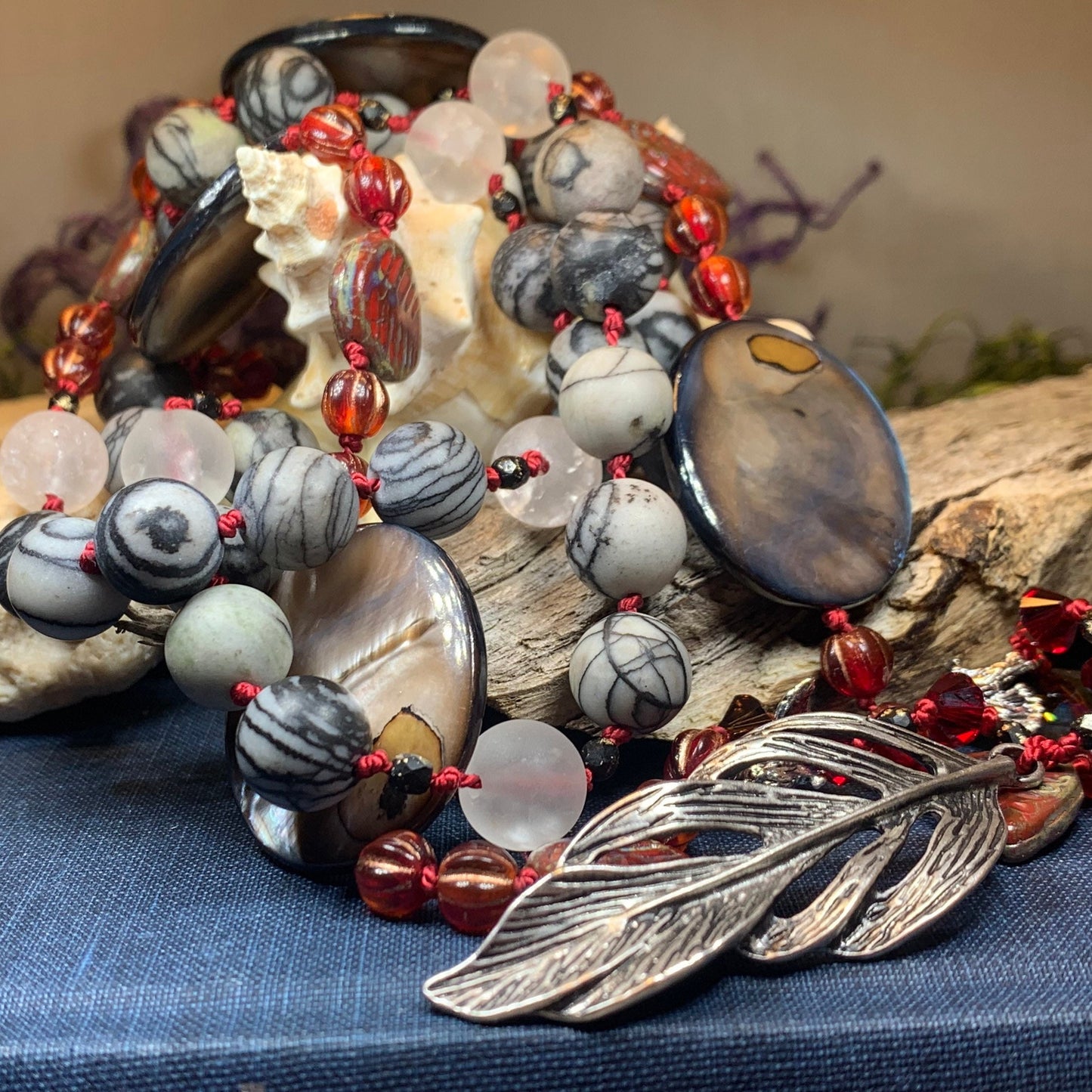 Red Skies Feather Long Necklace, Hand Knotted Necklace, Handmade Mala Necklace, Boho Necklace, Yoga Jewelry, Art Deco Necklace, Mom Gift