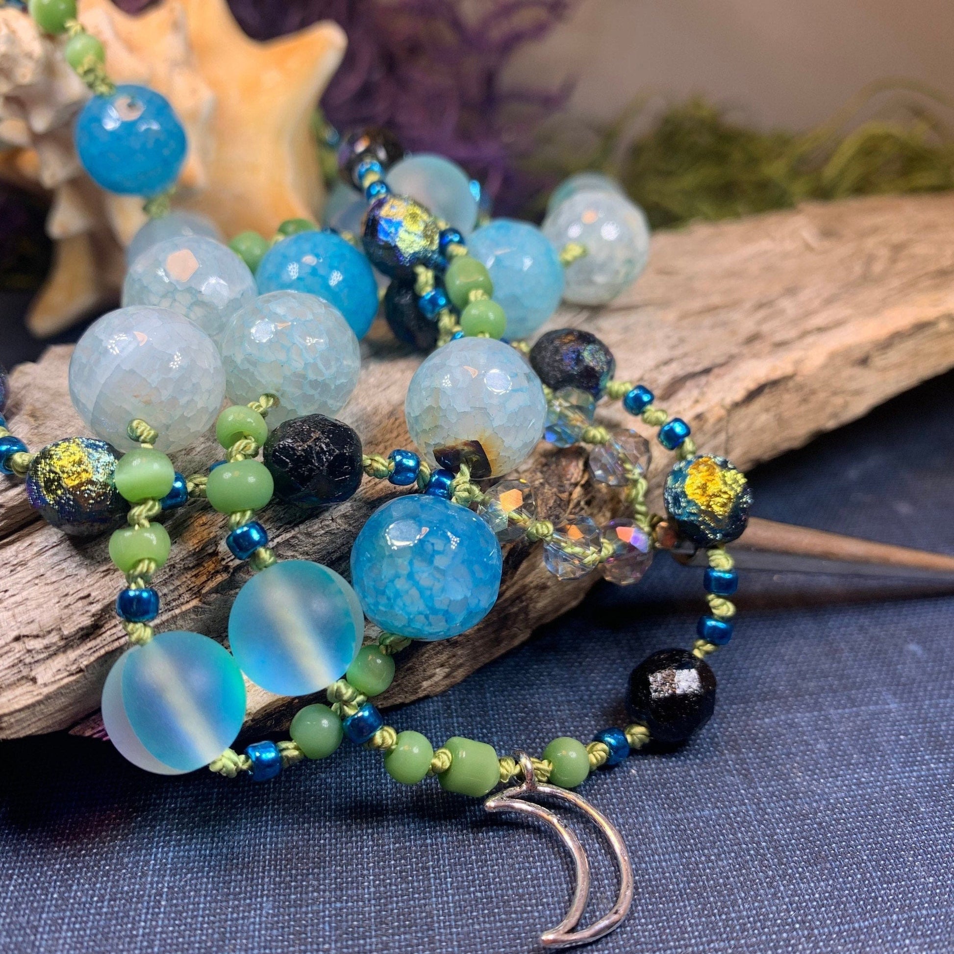 Seaside Moonglow Long Necklace, Hand Knotted Necklace, Handmade Mala Necklace, Boho Necklace, Yoga Jewelry, Art Deco Necklace, Mom Gift