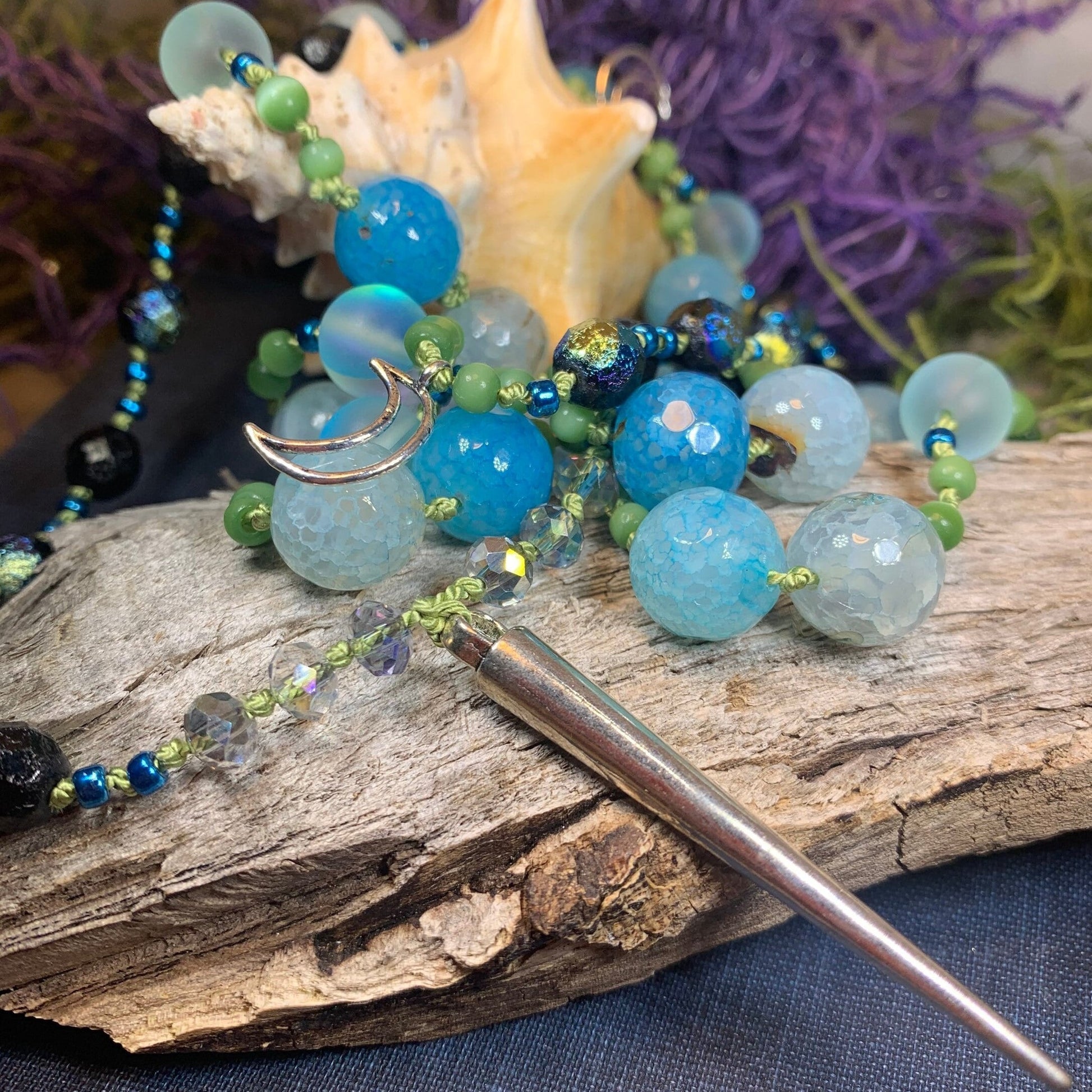 Seaside Moonglow Long Necklace, Hand Knotted Necklace, Handmade Mala Necklace, Boho Necklace, Yoga Jewelry, Art Deco Necklace, Mom Gift