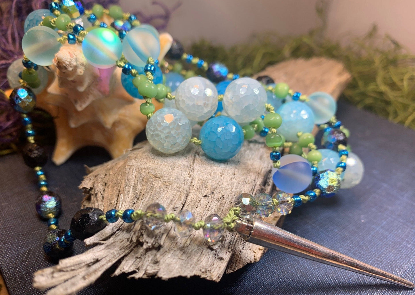 Seaside Moonglow Long Necklace, Hand Knotted Necklace, Handmade Mala Necklace, Boho Necklace, Yoga Jewelry, Art Deco Necklace, Mom Gift