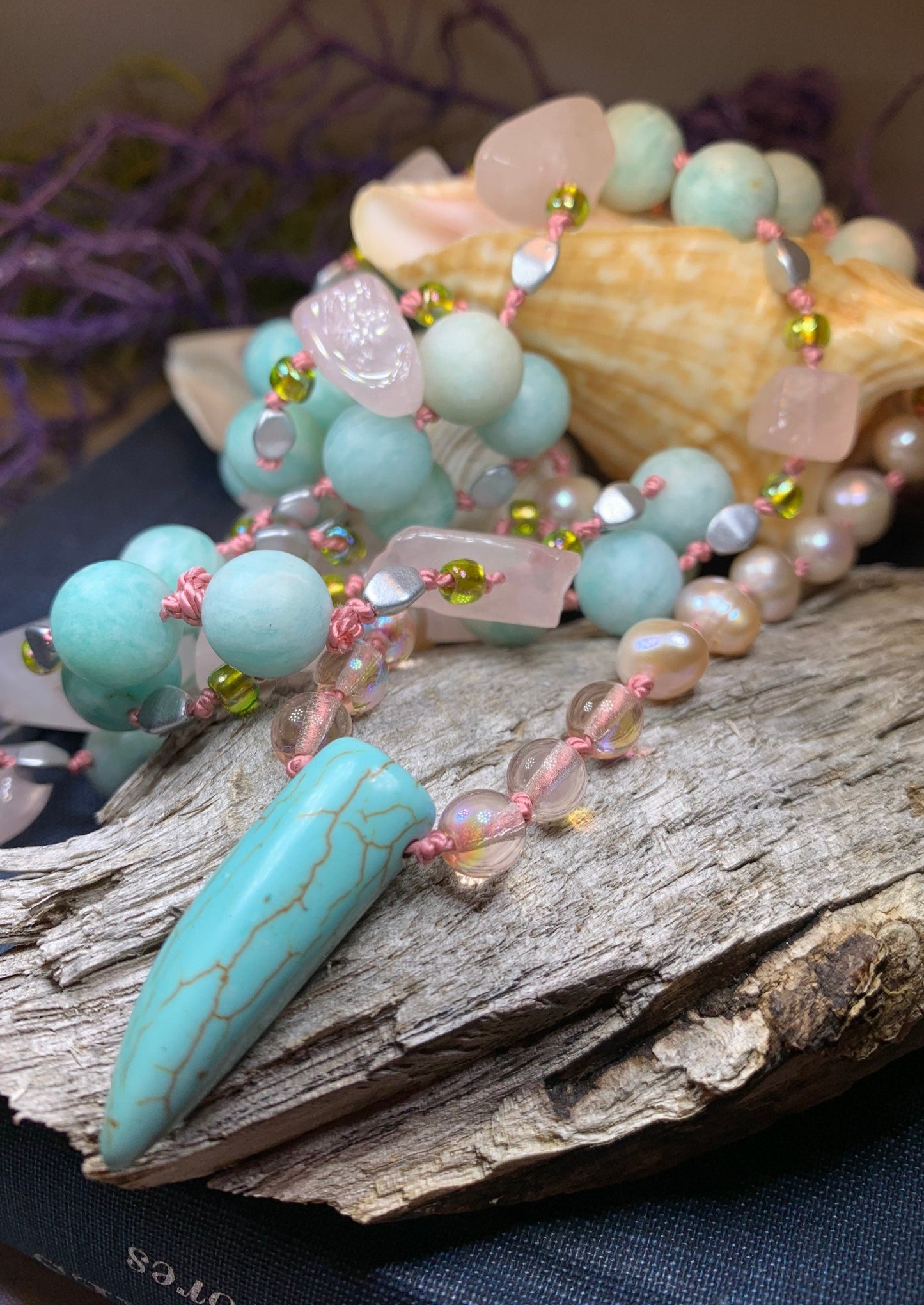 Summer Dawnsong Long Necklace, Hand Knotted Necklace, Handmade Mala Necklace, Boho Necklace, Yoga Jewelry, Beach Necklace, Mom Gift