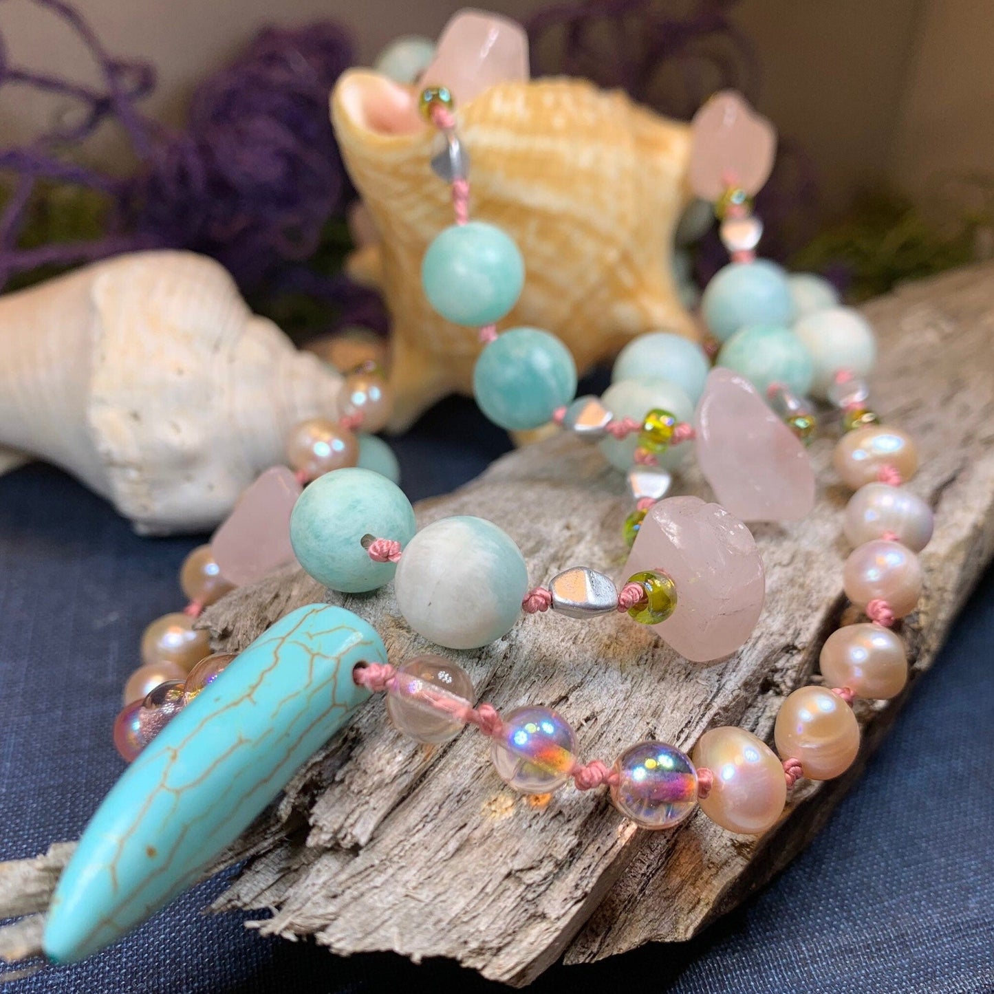 Summer Dawnsong Long Necklace, Hand Knotted Necklace, Handmade Mala Necklace, Boho Necklace, Yoga Jewelry, Beach Necklace, Mom Gift