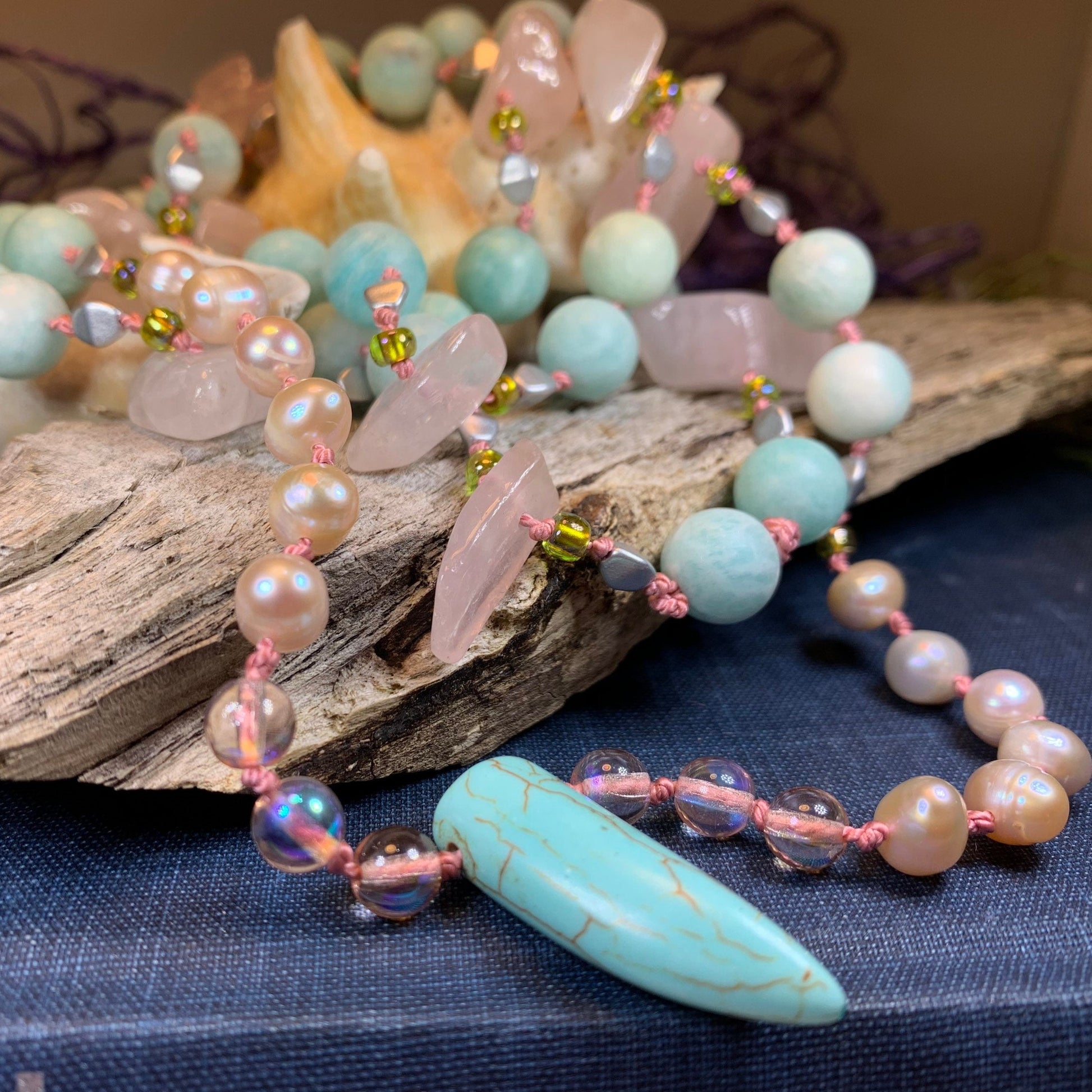Summer Dawnsong Long Necklace, Hand Knotted Necklace, Handmade Mala Necklace, Boho Necklace, Yoga Jewelry, Beach Necklace, Mom Gift