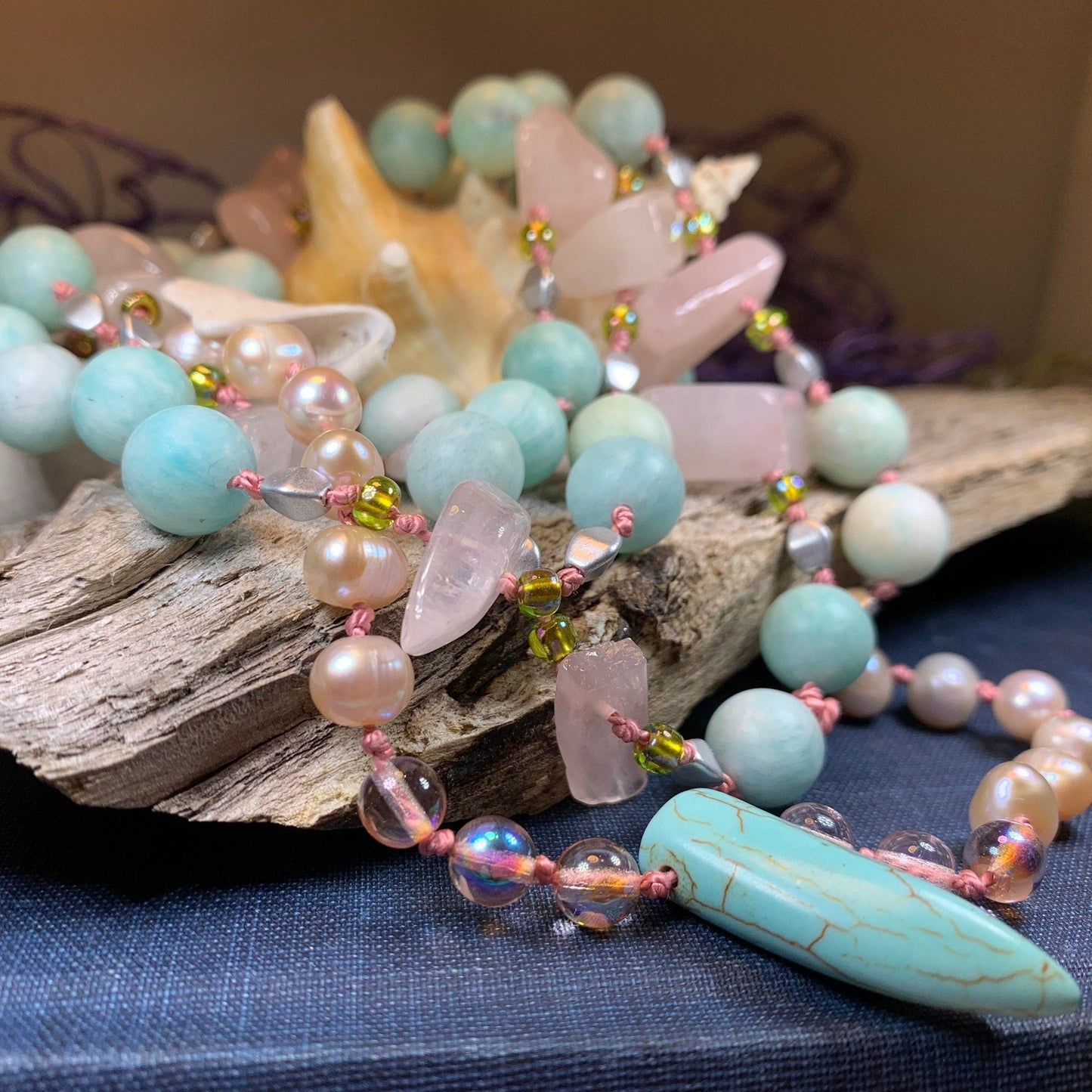 Summer Dawnsong Long Necklace, Hand Knotted Necklace, Handmade Mala Necklace, Boho Necklace, Yoga Jewelry, Beach Necklace, Mom Gift