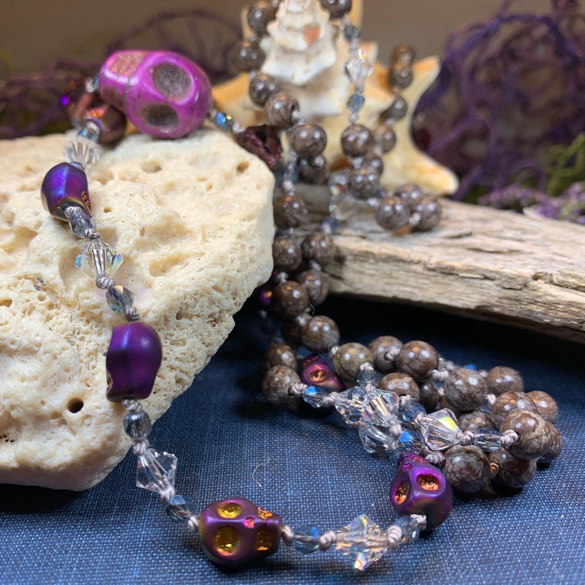 Purple Magic Long Beaded Necklace, Hand Knotted Necklace, Skull jewelry, Boho Necklace, Yoga Jewelry, Art Deco Necklace, Crystal Necklace