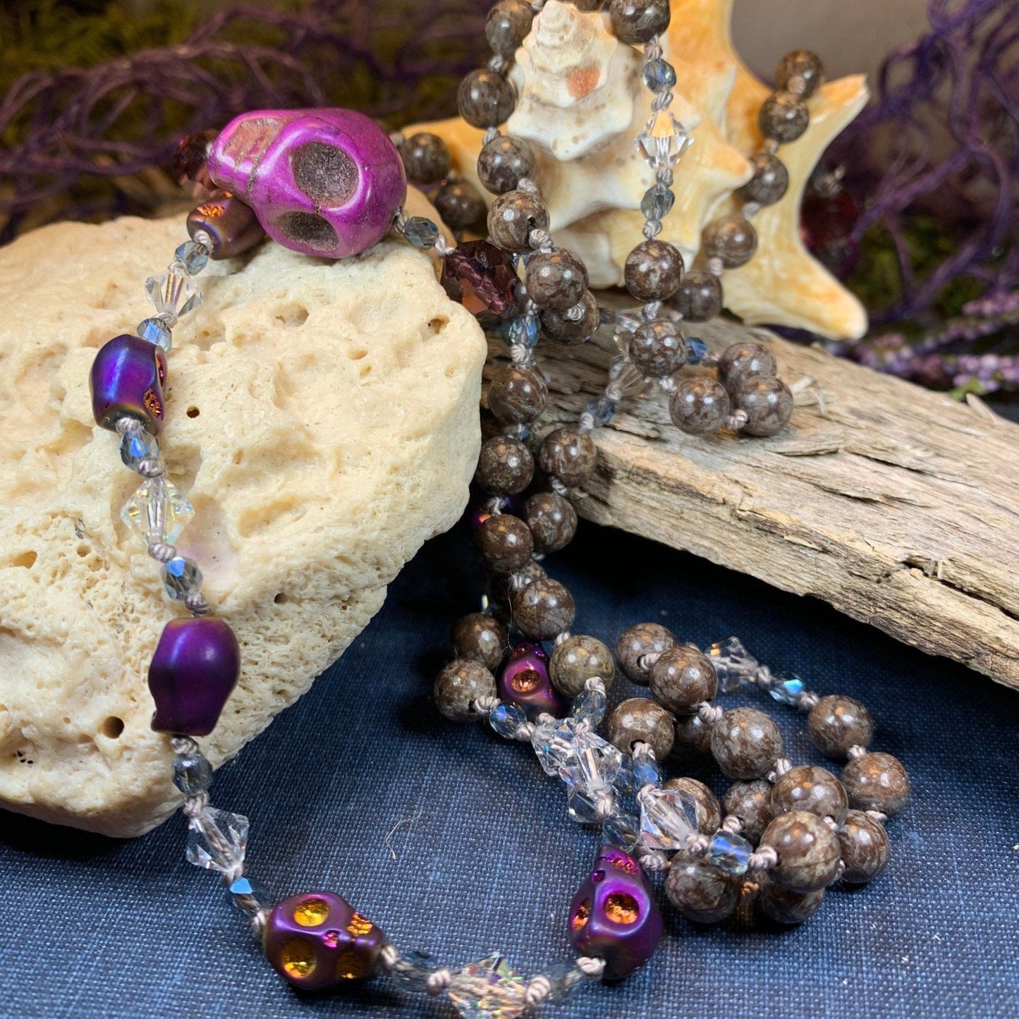 Purple Magic Long Beaded Necklace, Hand Knotted Necklace, Skull jewelry, Boho Necklace, Yoga Jewelry, Art Deco Necklace, Crystal Necklace