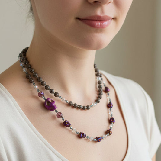 Purple Magic Long Beaded Necklace, Hand Knotted Necklace, Skull jewelry, Boho Necklace, Yoga Jewelry, Art Deco Necklace, Crystal Necklace