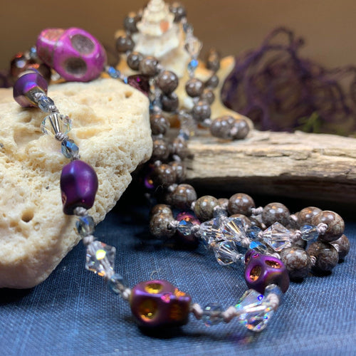 Purple Magic Long Beaded Necklace, Hand Knotted Necklace, Skull jewelry, Boho Necklace, Yoga Jewelry, Art Deco Necklace, Crystal Necklace