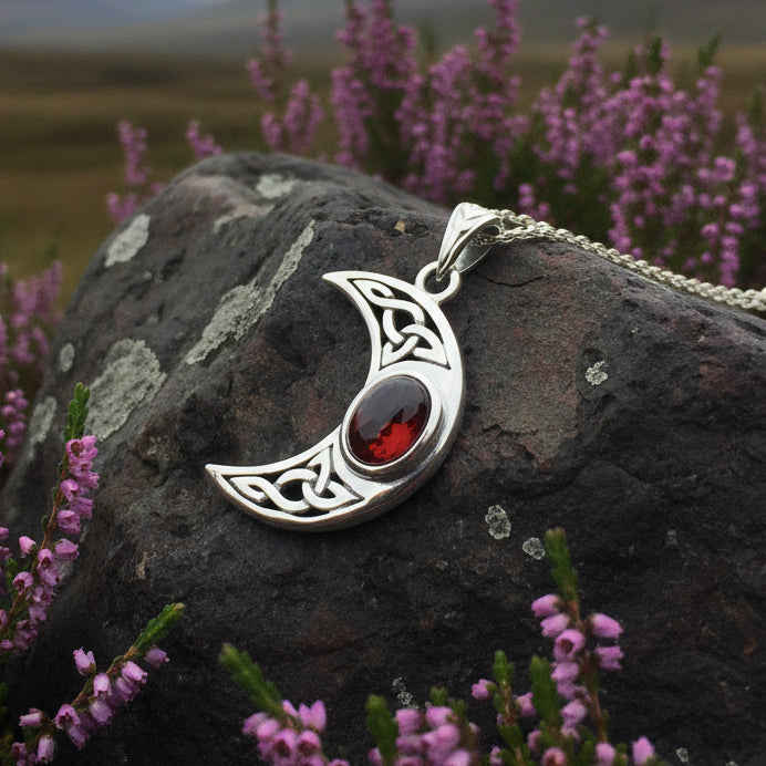 Moon Necklace, Celtic Jewelry, Celestial Jewelry, Wiccan Jewelry, Garnet Pendant, Crescent Moon Pendant, Irish Jewelry, Anniversary Gift
