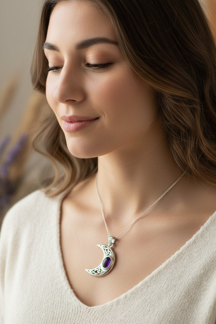 Moon Necklace, Celtic Jewelry, Celestial Jewelry, Wiccan Jewelry, Garnet Pendant, Crescent Moon Pendant, Irish Jewelry, Anniversary Gift