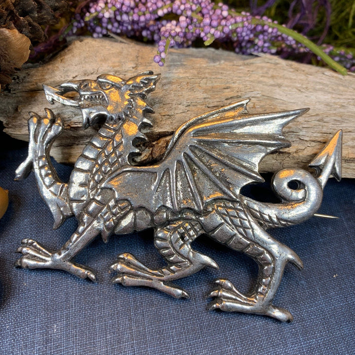 Welsh Dragon Brooch, Wales Jewelry, Extra Large Celtic Pin, Grooms Gift, Father's Day Gift, Celtic Pin, Pagan Brooch, Plaid Pin, Tartan Pin