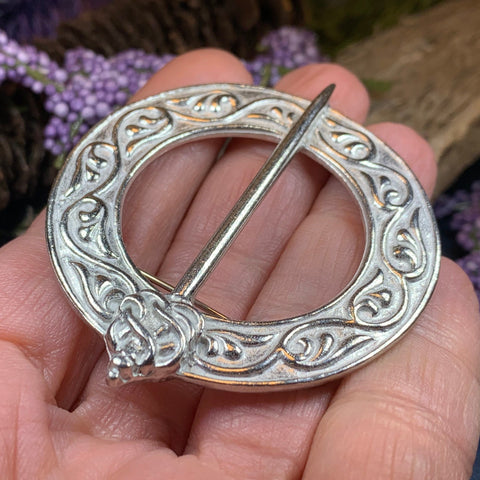 Load image into Gallery viewer, Celtic Brooch, Scotland Jewelry, Celtic Jewelry, Anniversary Gift, Outlander Jewelry, Flower Pin, Penannular Brooch, Irish Pin, Pewter Pin
