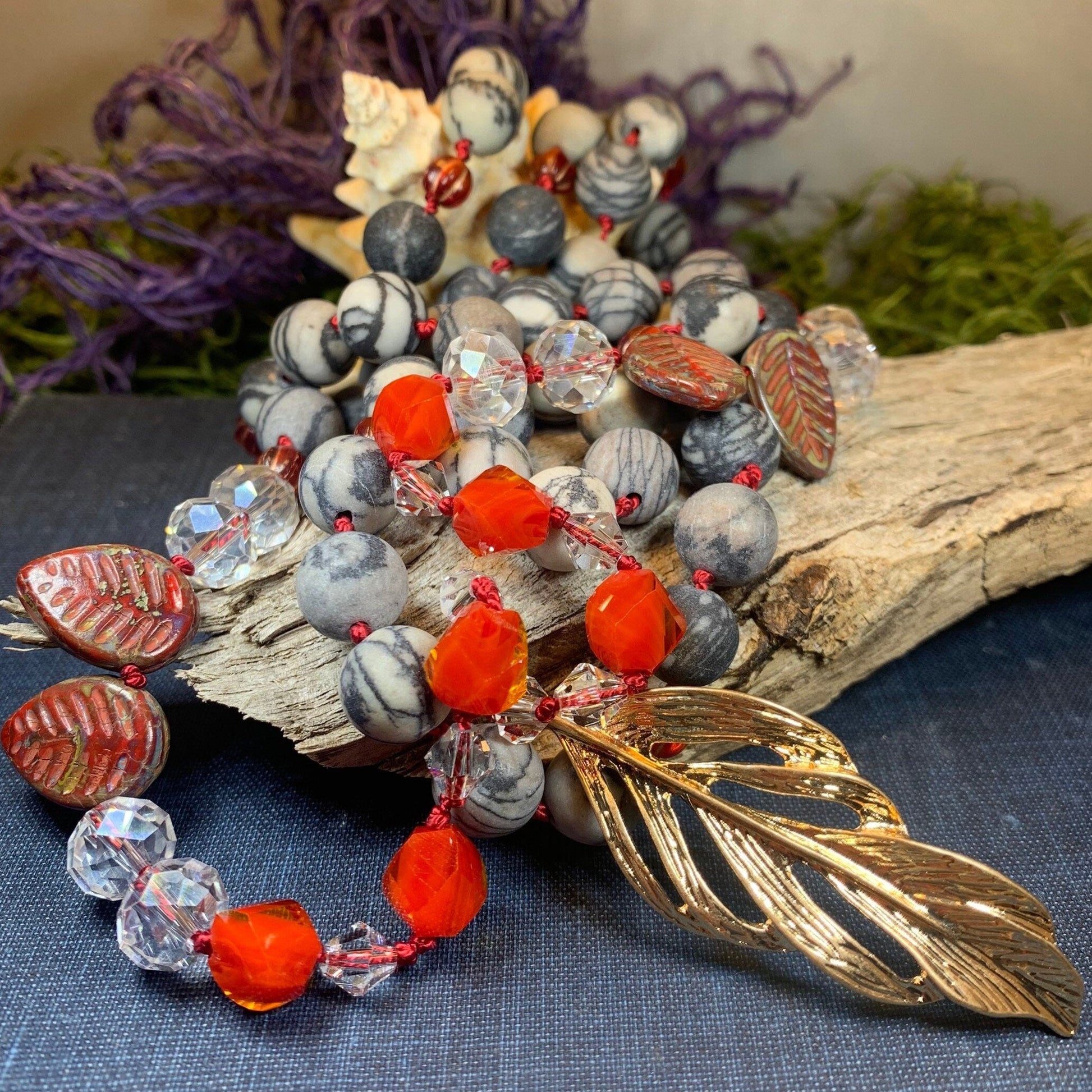 Golden Feather Long Necklace, Hand Knotted Necklace, Handmade Mala Necklace, Boho Necklace, Yoga Jewelry, Art Deco Necklace, Mom Gift