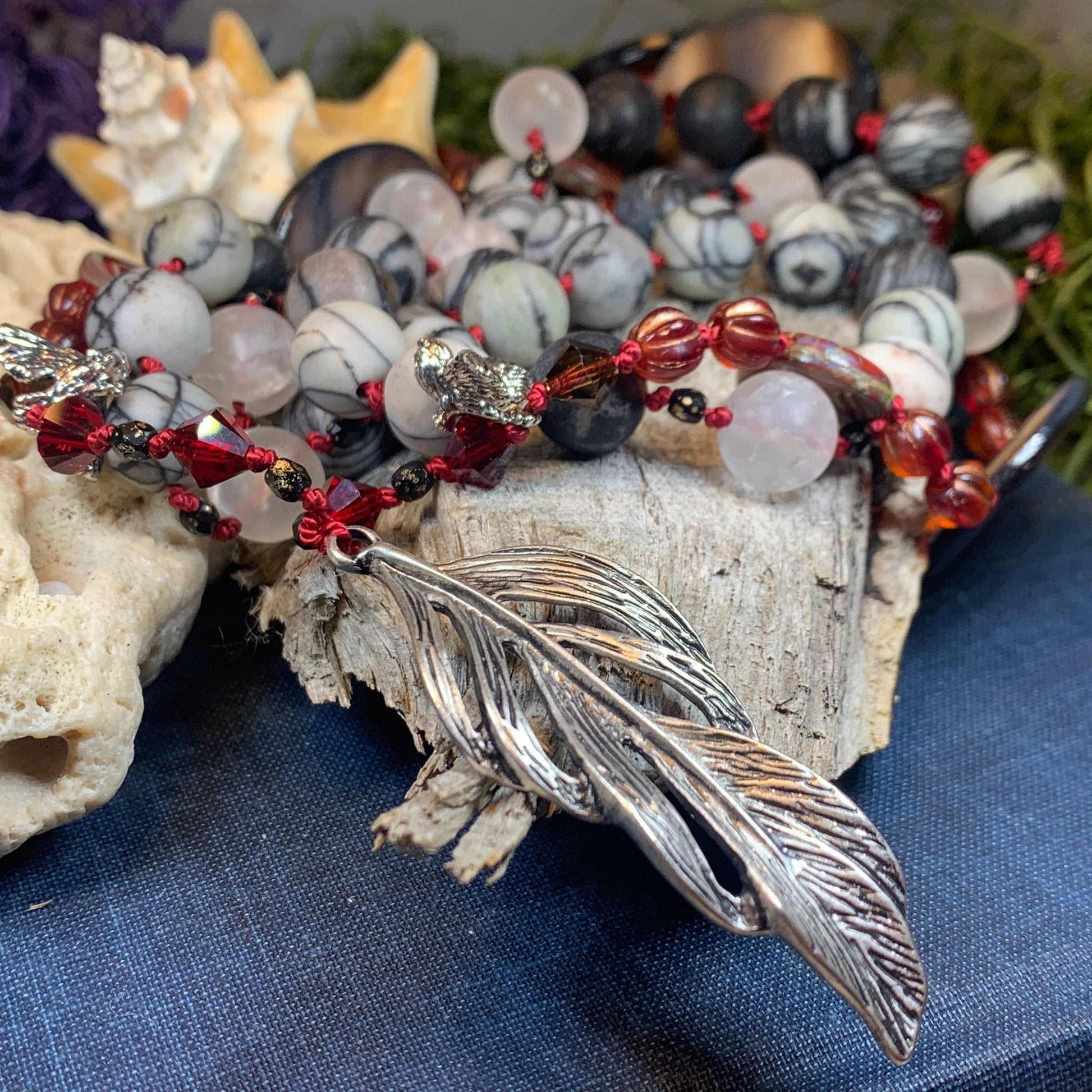 Red Skies Feather Long Necklace, Hand Knotted Necklace, Handmade Mala Necklace, Boho Necklace, Yoga Jewelry, Art Deco Necklace, Mom Gift