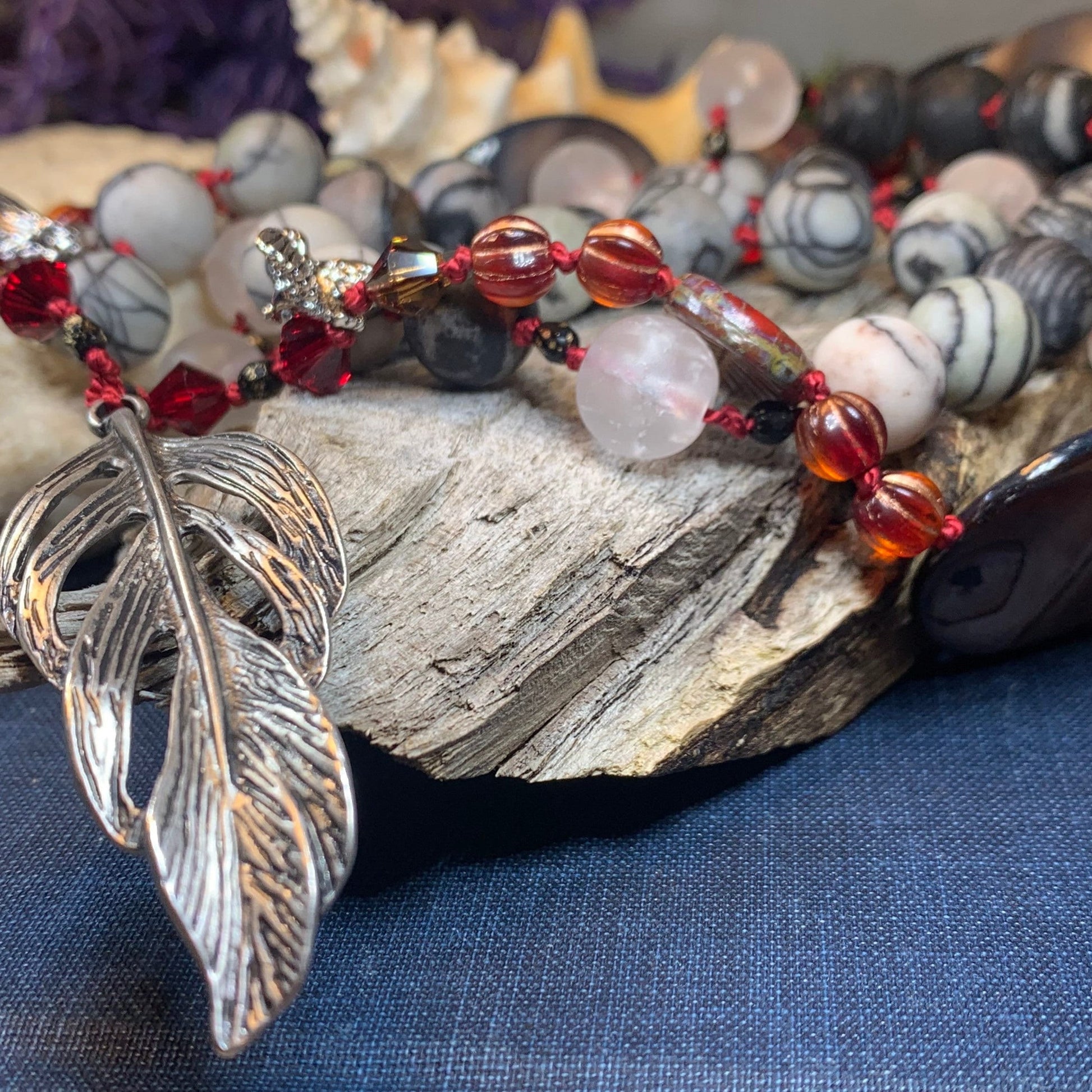 Red Skies Feather Long Necklace, Hand Knotted Necklace, Handmade Mala Necklace, Boho Necklace, Yoga Jewelry, Art Deco Necklace, Mom Gift
