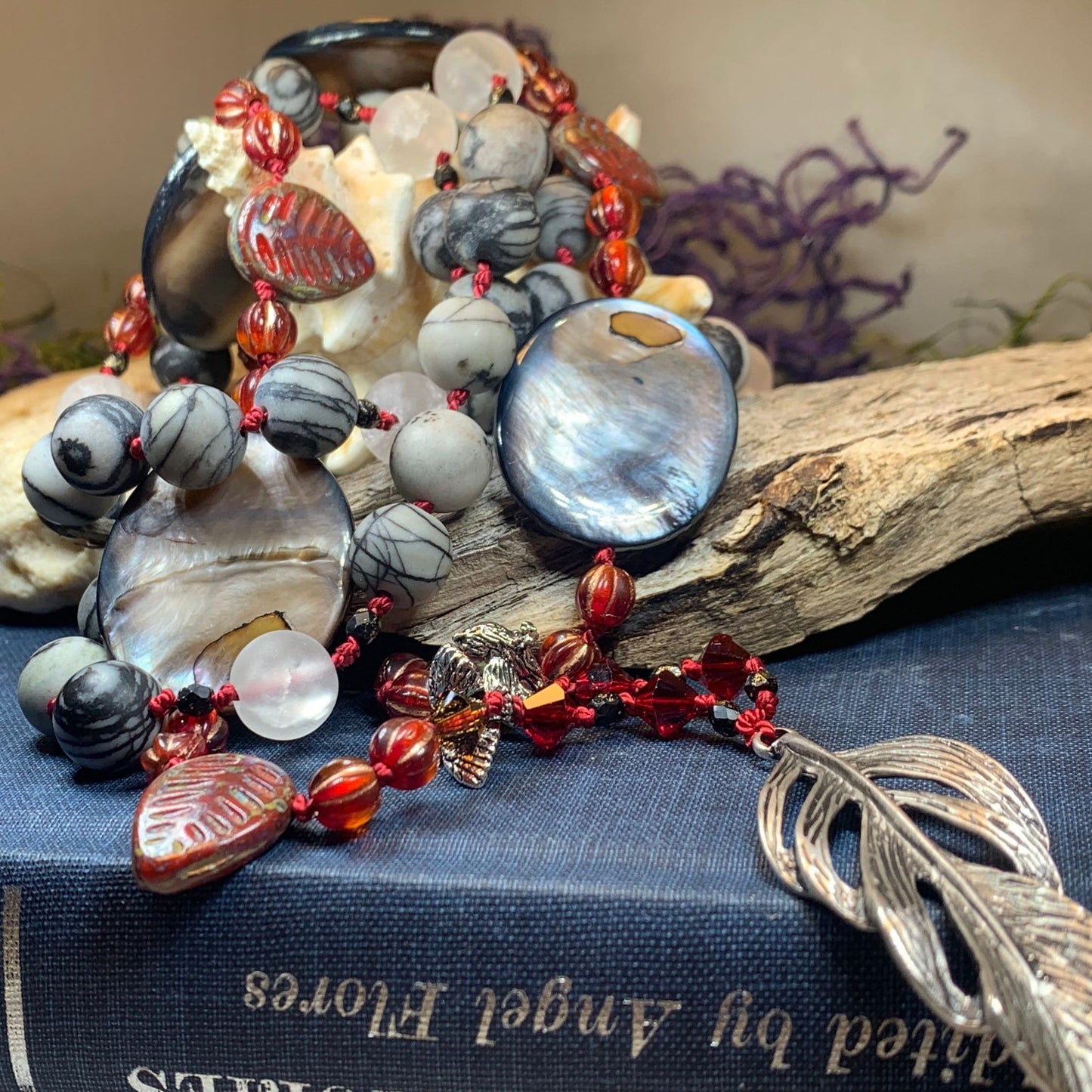 Red Skies Feather Long Necklace, Hand Knotted Necklace, Handmade Mala Necklace, Boho Necklace, Yoga Jewelry, Art Deco Necklace, Mom Gift