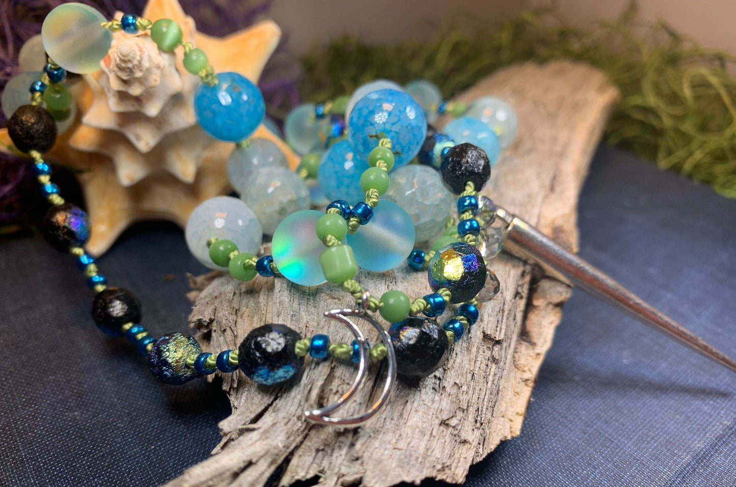Seaside Moonglow Long Necklace, Hand Knotted Necklace, Handmade Mala Necklace, Boho Necklace, Yoga Jewelry, Art Deco Necklace, Mom Gift