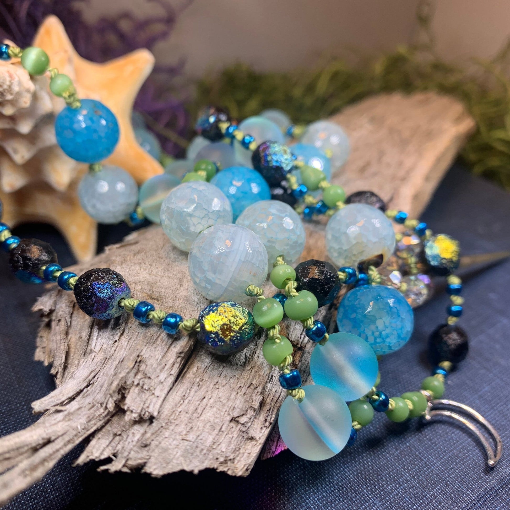 Seaside Moonglow Long Necklace, Hand Knotted Necklace, Handmade Mala Necklace, Boho Necklace, Yoga Jewelry, Art Deco Necklace, Mom Gift