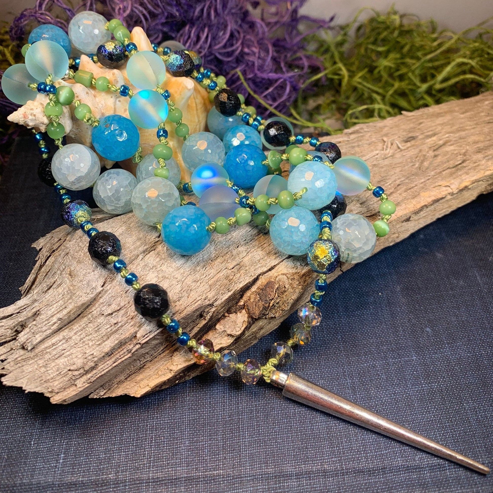 Seaside Moonglow Long Necklace, Hand Knotted Necklace, Handmade Mala Necklace, Boho Necklace, Yoga Jewelry, Art Deco Necklace, Mom Gift