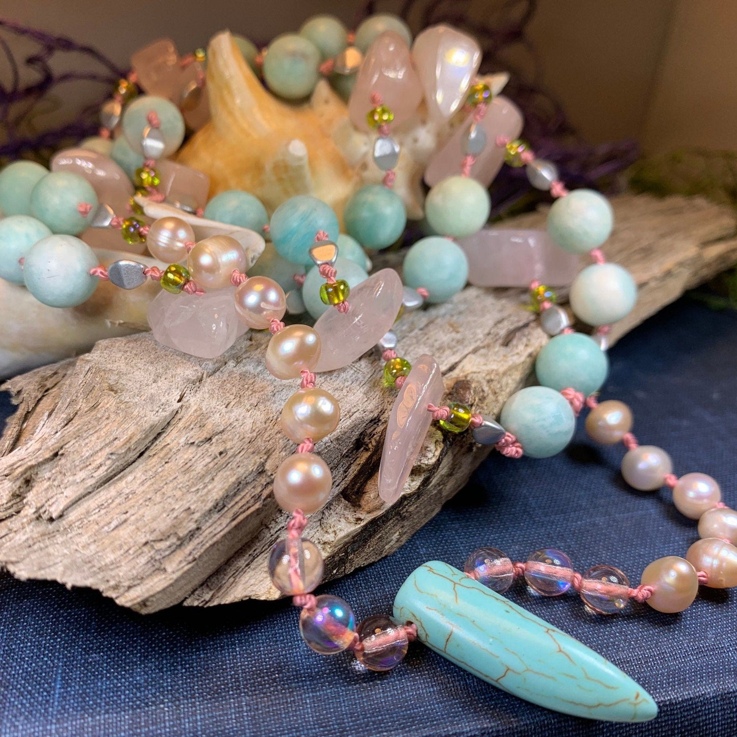 Summer Dawnsong Long Necklace, Hand Knotted Necklace, Handmade Mala Necklace, Boho Necklace, Yoga Jewelry, Beach Necklace, Mom Gift