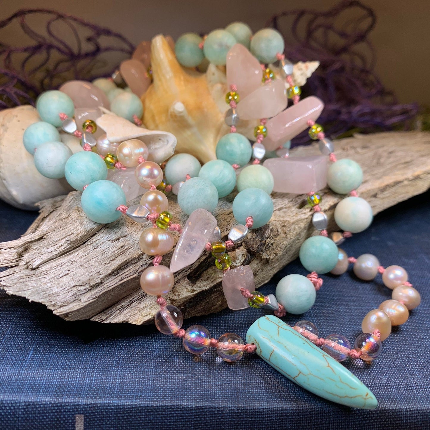 Summer Dawnsong Long Necklace, Hand Knotted Necklace, Handmade Mala Necklace, Boho Necklace, Yoga Jewelry, Beach Necklace, Mom Gift