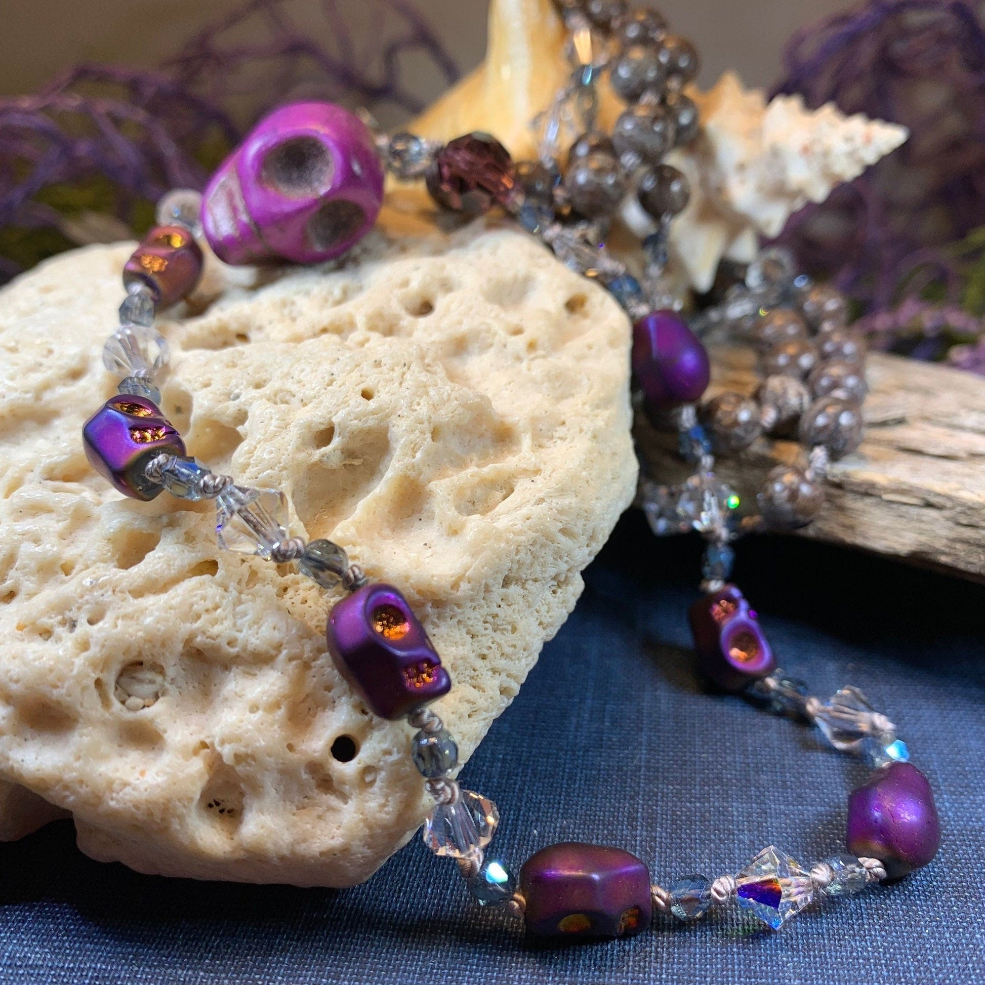 Purple Magic Long Beaded Necklace, Hand Knotted Necklace, Skull jewelry, Boho Necklace, Yoga Jewelry, Art Deco Necklace, Crystal Necklace
