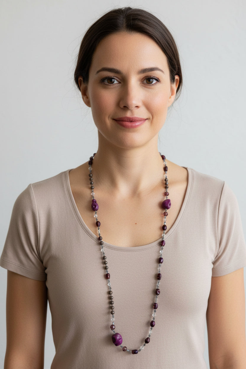 Purple Magic Long Beaded Necklace, Hand Knotted Necklace, Skull jewelry, Boho Necklace, Yoga Jewelry, Art Deco Necklace, Crystal Necklace
