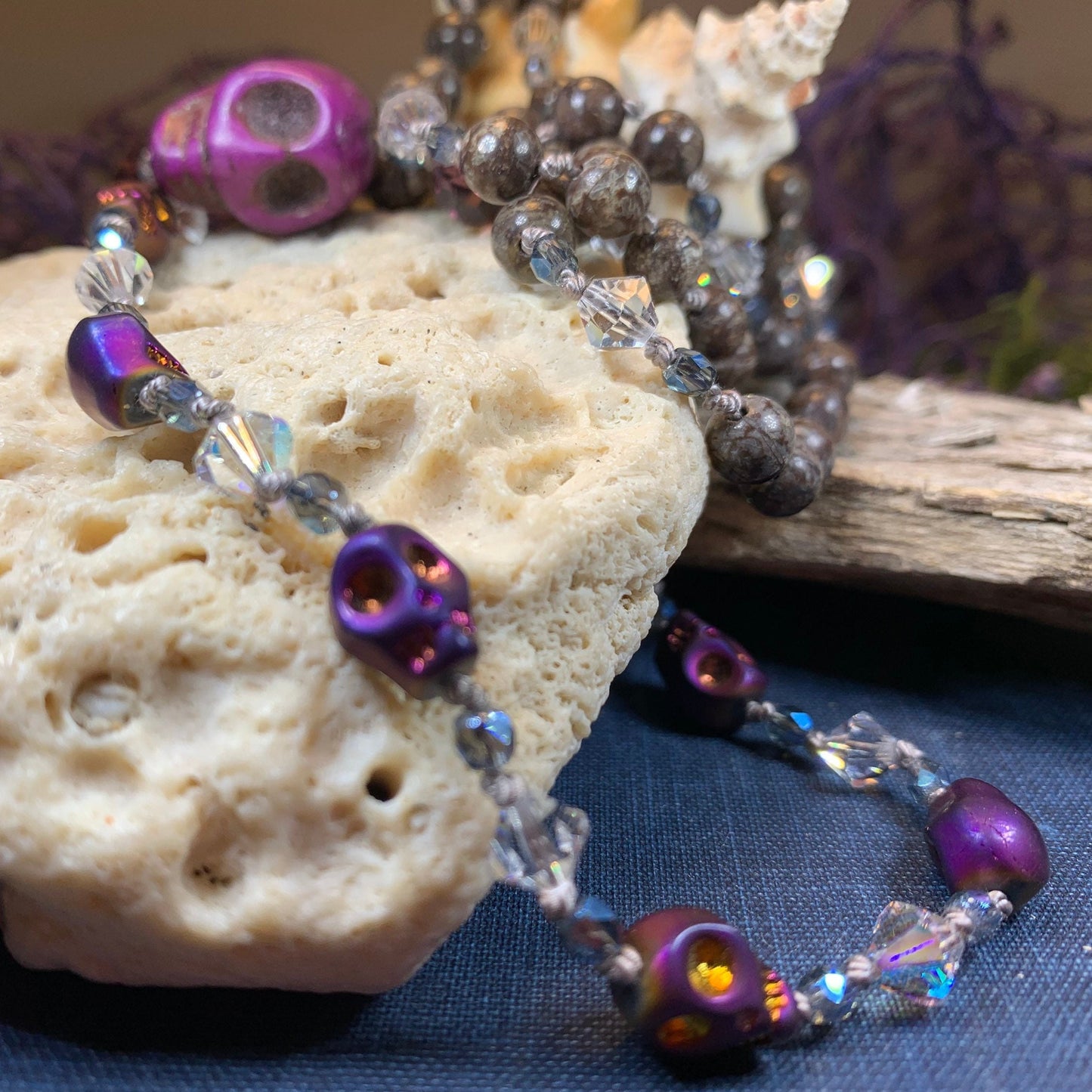 Purple Magic Long Beaded Necklace, Hand Knotted Necklace, Skull jewelry, Boho Necklace, Yoga Jewelry, Art Deco Necklace, Crystal Necklace