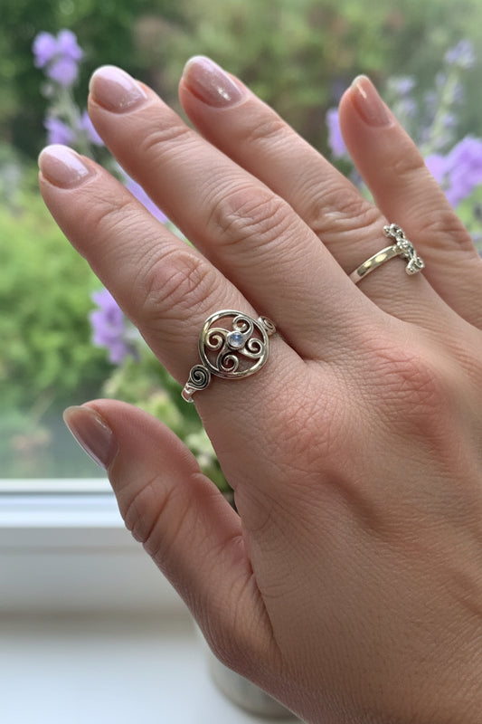 Celtic Spiral Ring, Moonstone Jewelry, Irish Ring, Triskele Jewelry, Celtic Jewelry, Anniversary Gift, Wiccan Jewelry, Wife Gift, Mom Gift