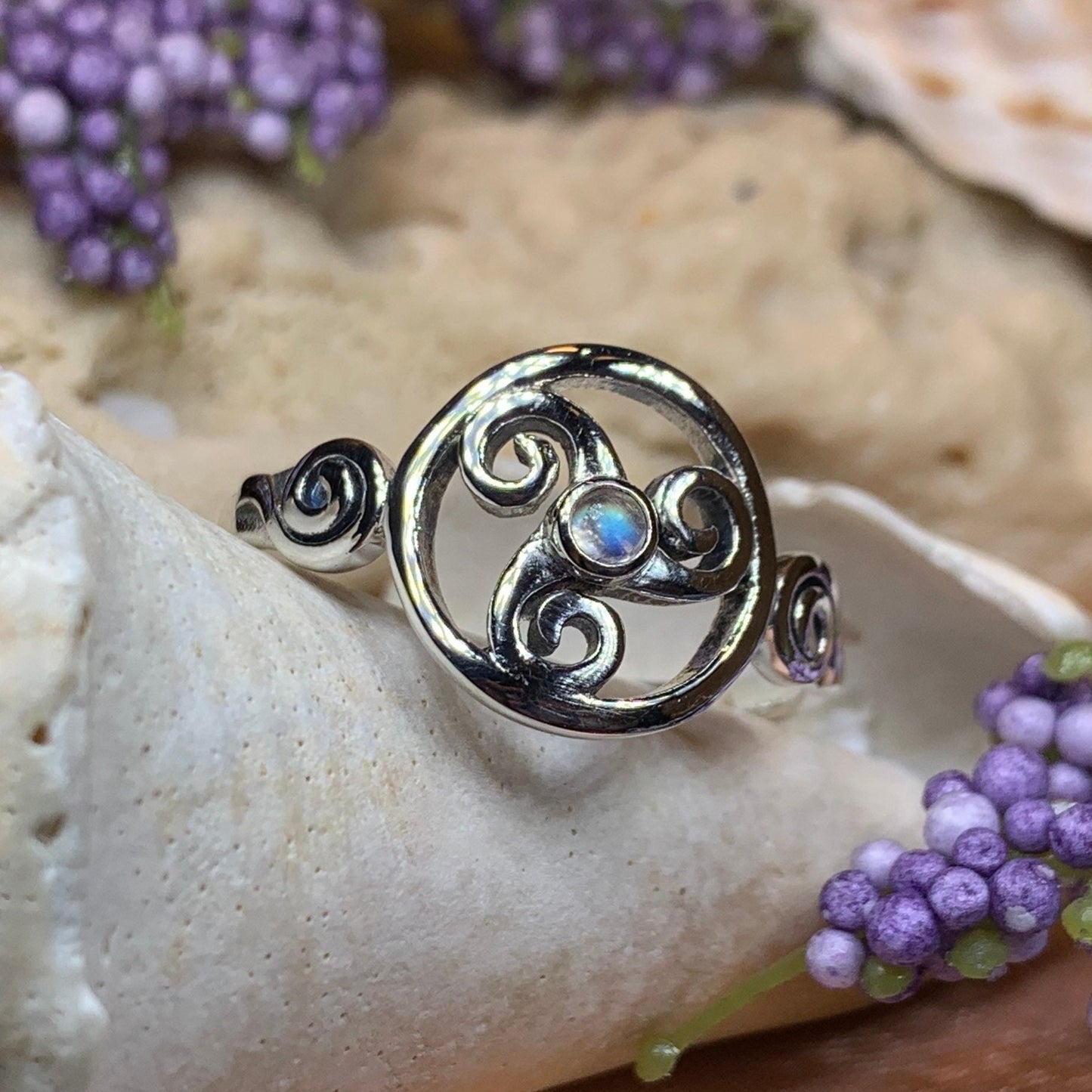 Celtic Spiral Ring, Moonstone Jewelry, Irish Ring, Triskele Jewelry, Celtic Jewelry, Anniversary Gift, Wiccan Jewelry, Wife Gift, Mom Gift