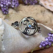 Load image into Gallery viewer, Celtic Spiral Ring, Moonstone Jewelry, Irish Ring, Triskele Jewelry, Celtic Jewelry, Anniversary Gift, Wiccan Jewelry, Wife Gift, Mom Gift
